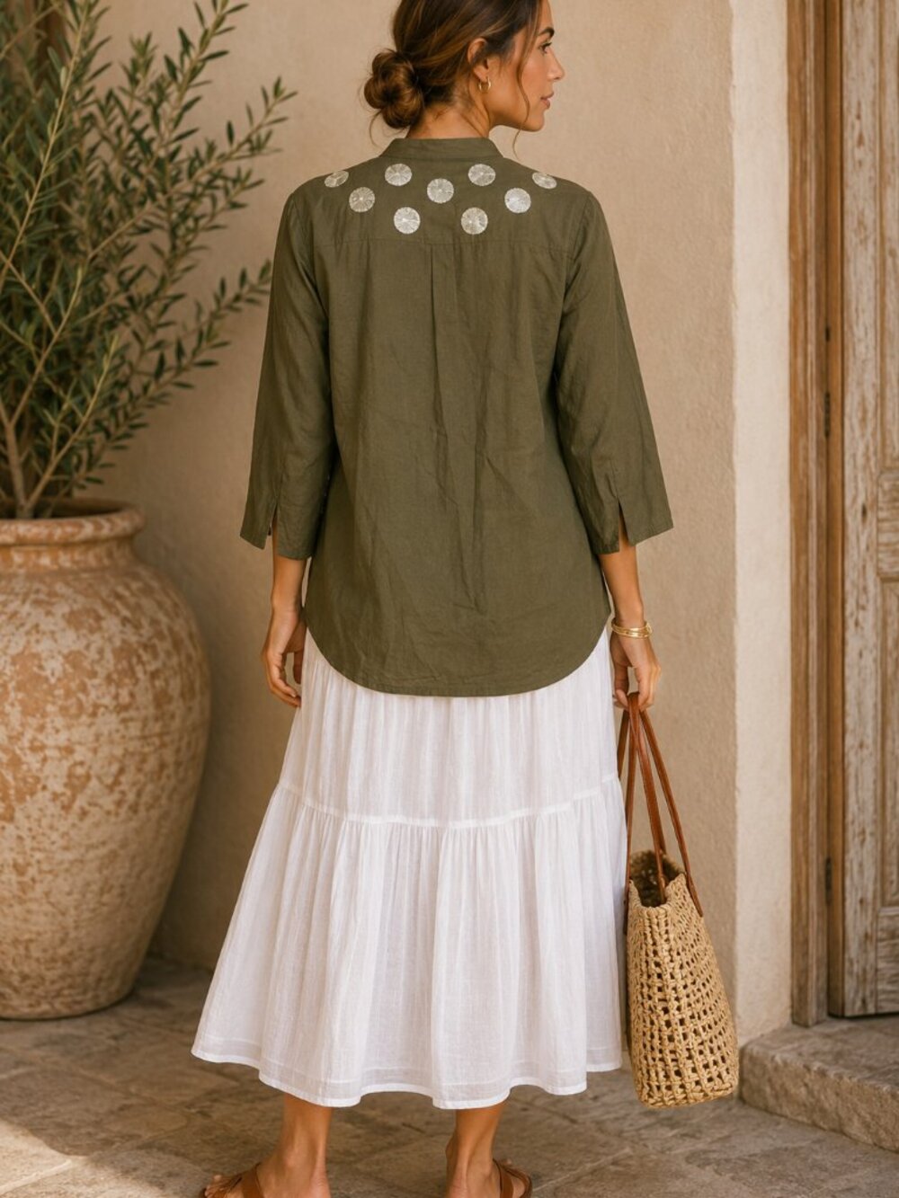 Figue for India Hicks Olive Embellished Evil Eye Tunic Blouse Size M - Picture 2 of 8